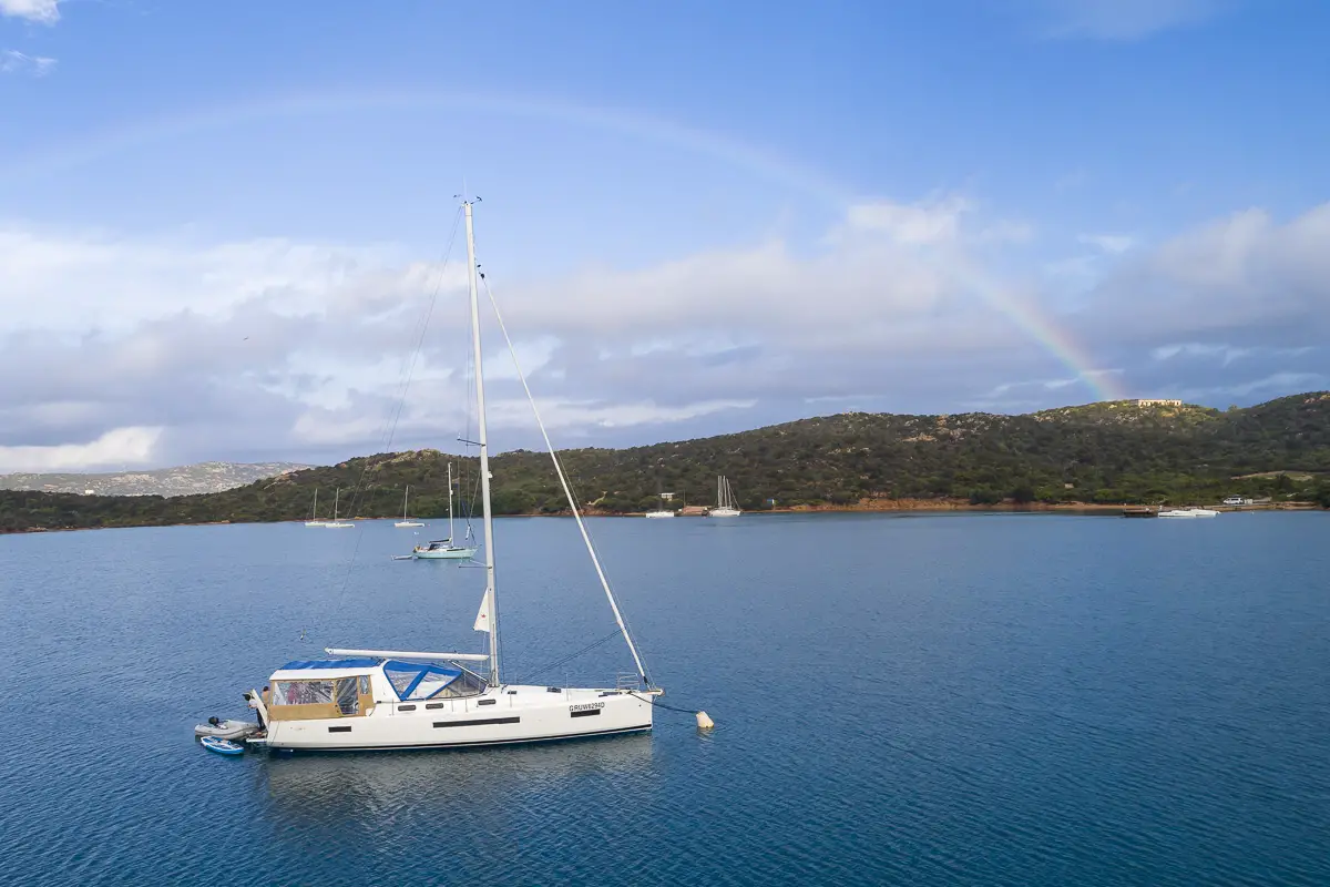 During a sailing trip in Italy, we were able to capture this beautiful rainbow over our boat with our drone.