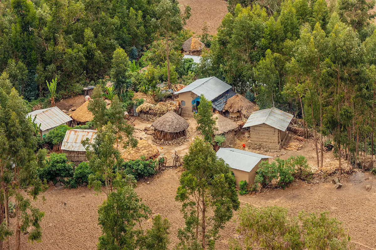 drone view of traditional local village houses in Ethiopia