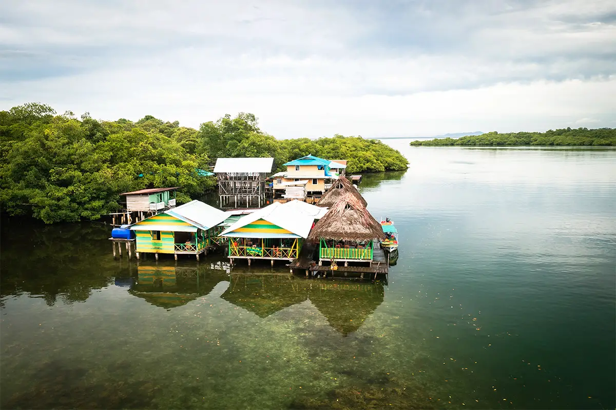 Aerial view of a tropical island in Panama, taken from a drone perspective
