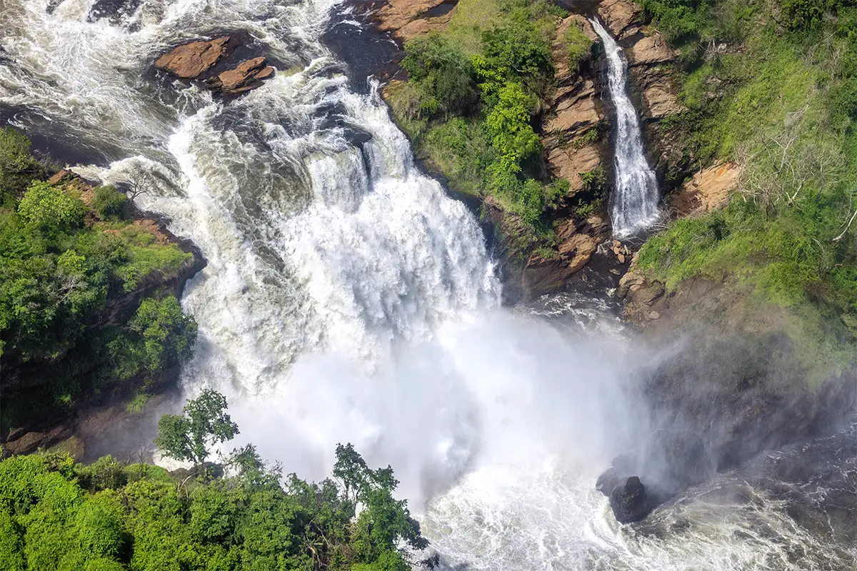 Aerial view of Murchison Falls, a waterfall between Lake Kyoga and Lake Albert on the Victoria Nile in Uganda
